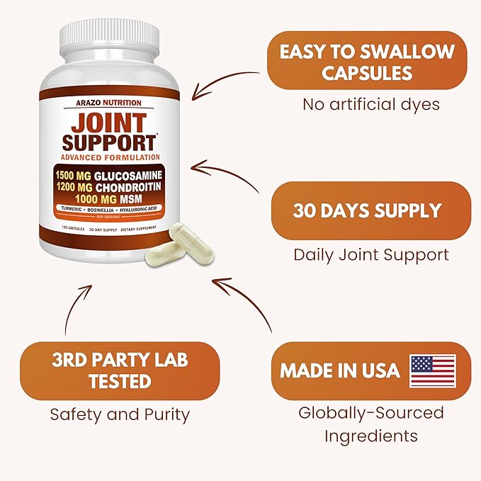 Arazo Nutrition Glucosamine Chondroitin Turmeric Msm Boswellia - Joint Support Supplement for Relief 120 Capsules for Bones Back Knees Hands (120 Capsules)