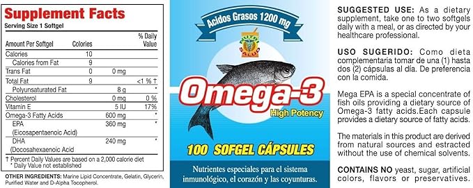 Omega 3 Capsulas de Alta Potencia. Set de 2 frascos con 100 capsulas c/u. para las arterias coyunturas bajar el colestereol malo. Tratamiento para 6 Meses.
