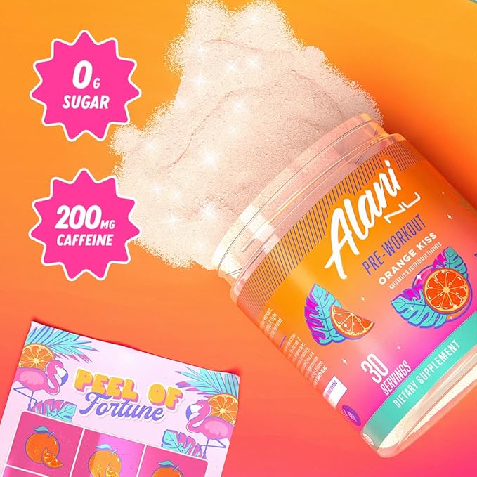 Alani Nu Pre Workout Powder Orange KISS Amino Energy Boost Endurance Supplement Sugar Free 200mg Caffeine L-Theanine Beta-Alanine Citrulline 30 Servings