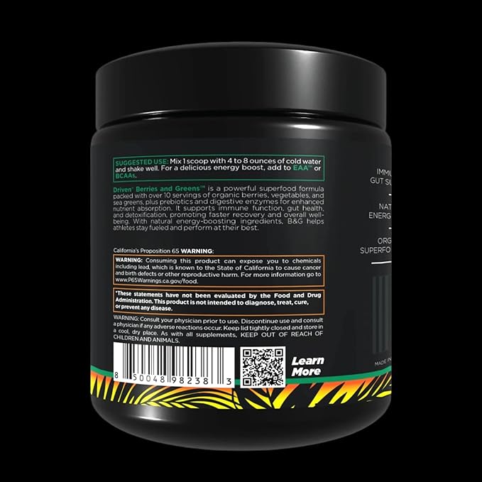 Driven B&ampG Berries &amp Greens Superfood Powder 30 Servings - Organic Plant-Based Formula with Probiotics &amp Digestive Enzymes -Supports Recovery Healthy Digestion and Immune Function (Citr
