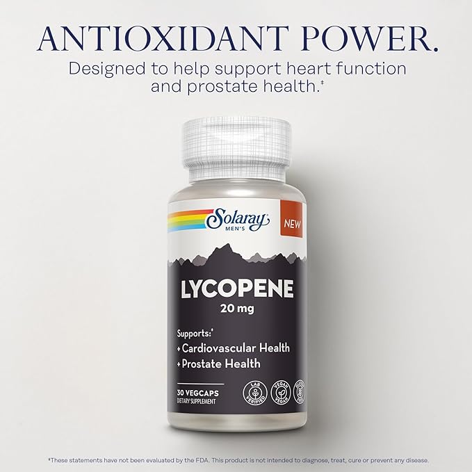 SOLARAY Lycopene 20mg - Heart Health and Prostate Health Support Powerful Antioxidants Supplement Sourced from Tomatoes - Vegan Gluten Free Lab Verified 60 Day Guarantee 30 Servings 30 VegCaps