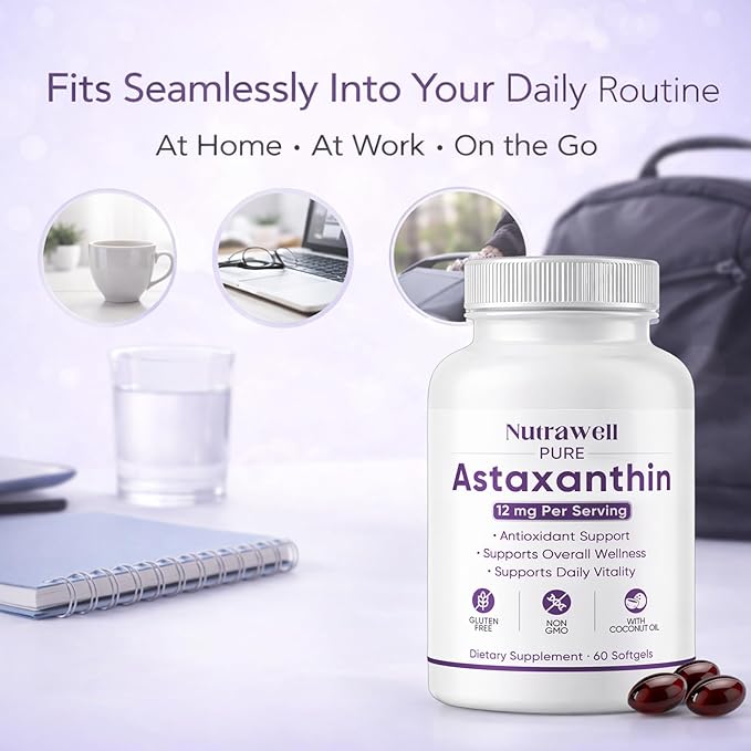 NutraWell Astaxanthin 12mg with Coconut Oil Antioxidant Support Supplement Non-GMO Gluten Free 60 Softgels