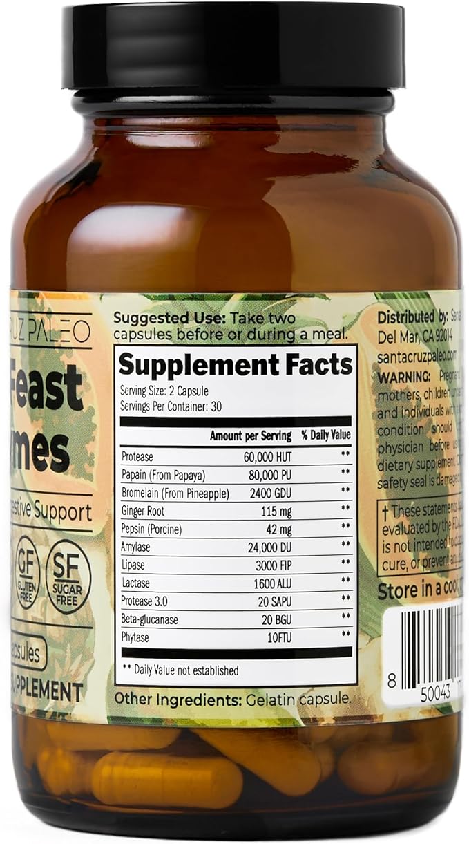 Santa Cruz Paleo Pre-Feast Digestive Enzymes Supplement Multi Enzyme for Women and Men Fiber Supplement for Gut Health &amp Digestive Health Gluten Free Keto Paleo Sugar Free 60 Capsules