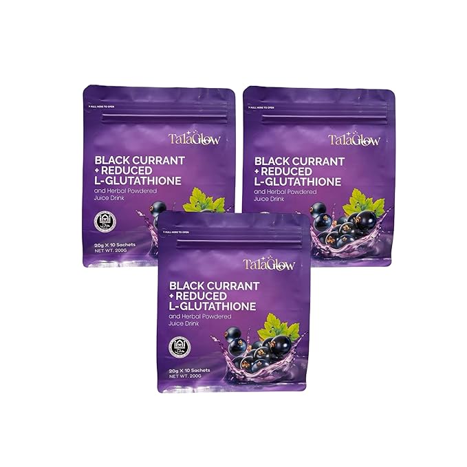 TalaGlow BLACK CURRANT + REDUCED L-GLUTATHIONE and Herbal Powdered Juice Drink 10 Sachets x 20g (3 pack)