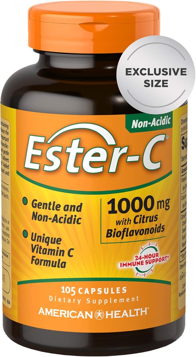 American Health Ester-C 1000 mg with Bioflavonoids Capsules 24Hour Immune Support Gentle on Stomach NonAcidic Vitamin C NonGMO Gluten-Free Servings Citrus 105 Count
