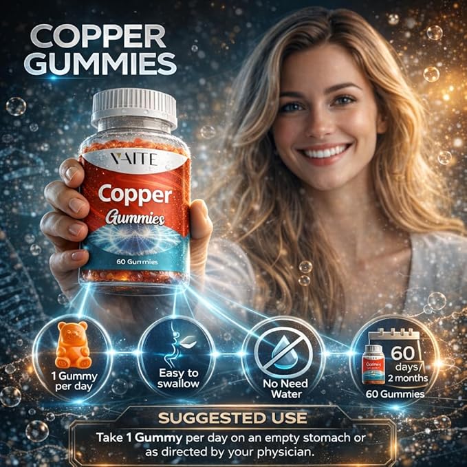 VAITE Copper Supplement Gummies 10 mg Amino Acid Chelate – Trace Mineral that Plays a Role in Collagen Formation Gentle on Stomach Supports Daily Nutrition &amp Balance – Vegan Non-GMO 60 Count