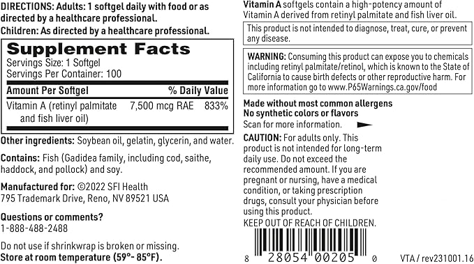 Klaire Labs SFI Health Vitamin A - High Potency 25000 IU Dose (7500mcg RAE) from Fish Liver Oil Preformed Retinol Form (100 Softgels)