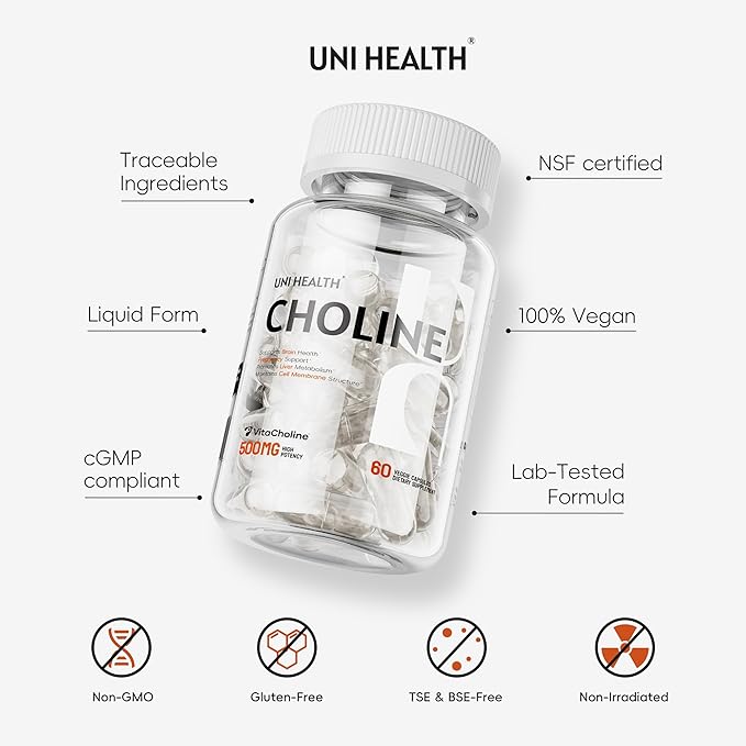 UniHealth® Choline 500 mg with VitaCholine® 60-Day Supply Liquid Vegan Capsules for Prenatal Choline Supplement Brain Health Cognitive Performance &amp Liver Support Non-GMO Gluten-Free USA Ma