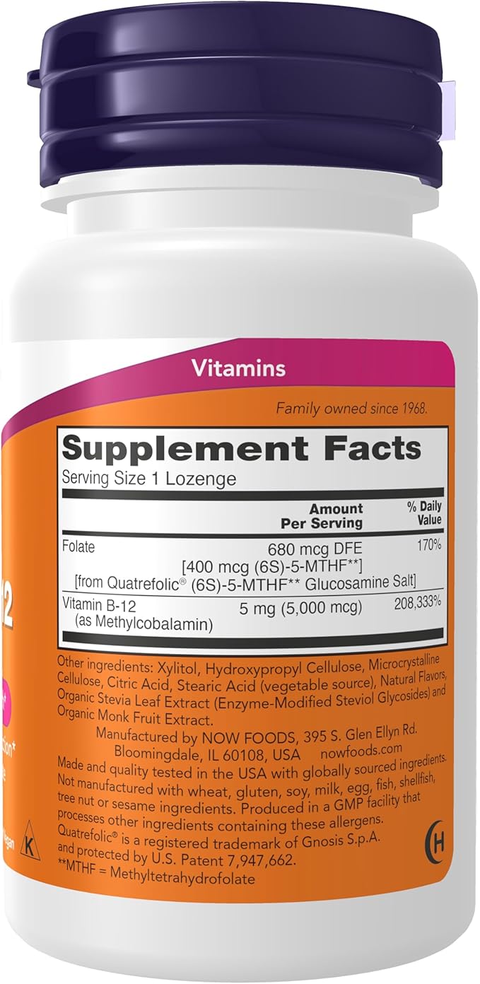 NOW Foods Supplements Methyl B-12 (Methylcobalamin) 5000 mcg Nervous System Health* 120 Lozenges