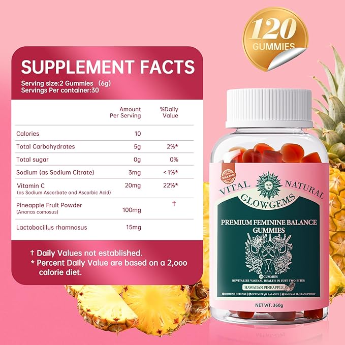 Premium Feminine Balance Gummies for Women - pH Balance &amp Wellness Support with Hawaiian Pineapple Vegan Gluten-Free Supplement Vaginal Probiotic 120 Count