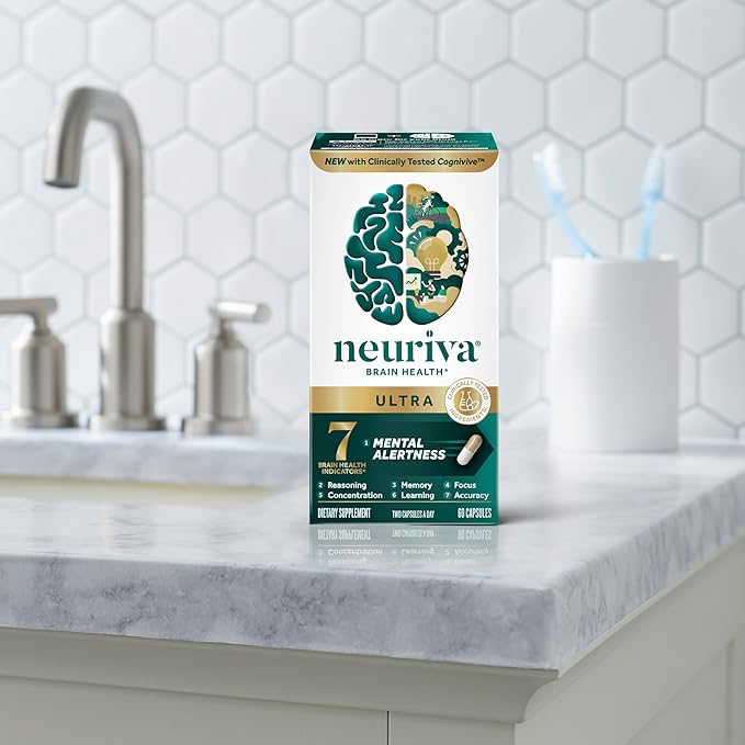 NEURIVA Ultra Decaffeinated Clinically Tested Nootropic Brain Supplement for Mental Alertness Memory Focus &amp Concentration Cognivive Neurofactor Phosphatidylserine Vitamins B6 B12 60 Capsul
