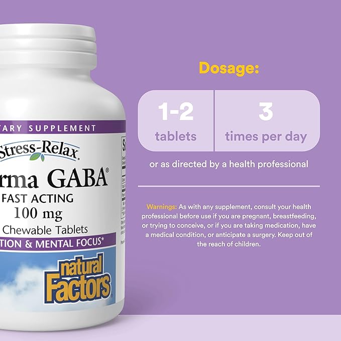 Natural Factors Pharma GABA - Dietary Supplement Supports Calm Sleep &amp Sleep Quality - Natural Fast-Working Supplement Aids Focus &amp Brain Health - 60 Chewable Tablets (30 Servings)