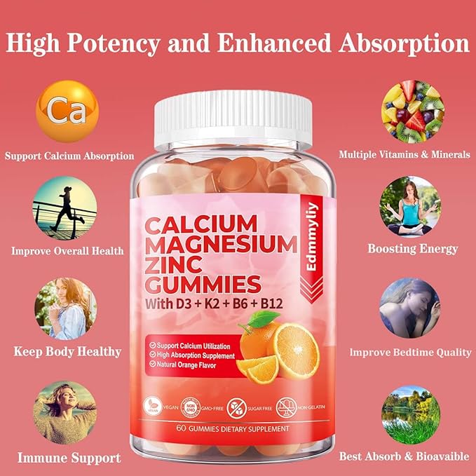 Sugar Free Calcium Magnesium Zinc Supplement Gummies with Vitamin D3 &amp B12 for Women and Men High Absorption Calcium Magnesium Supplement for Immune Support (120 Counts)