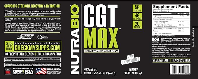 NutraBio CGT-MAX Powder- Creatine Glutamine and Taurine to Support Muscle Recovery and Strength - 40 Servings - Unflavored