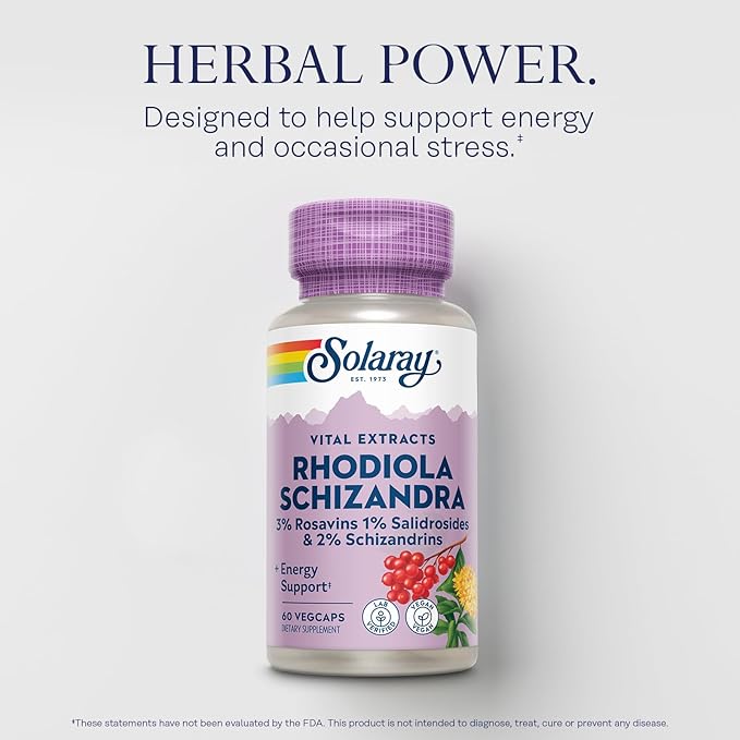 SOLARAY Rhodiola Schizandra - Rhodiola Rosea Extract - Energy Support and Occasional Stress Relief Supplement - Vegan Lab Verified 60-Day Guarantee - 60 Servings 60 VegCaps