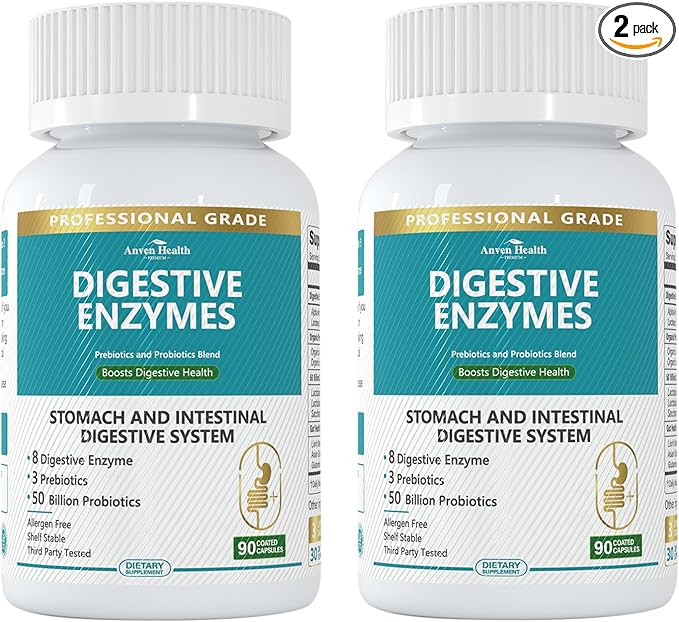 800mg Digestive Enzymes for Men and Women with Probiotics &amp Prebiotics 8 Key Enzymes Protease Amylase &amp Lipase | 180 Capsules - A 60-Day Supply for Bloating &amp Gas Relief - Non-GMO
