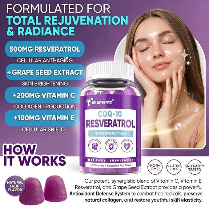 7-in-1 Trans-Resveratrol Gummies 500mg Complex - with CoQ10 DHA Vitamin C E &amp Grape Seed - Support Healthy Aging &amp Vitality - Zero Sugar Blueberry Flavor -120 Count (60-Day Supply / 2 Pack)