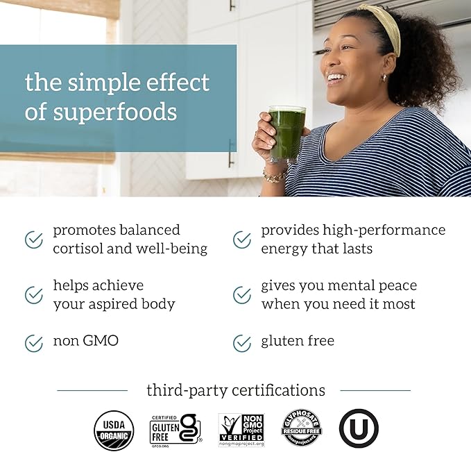 Organifi Green Juice - Powder Supplement with Organic Spirulina Ashwagandha and Chlorella - Helps Achieve Fitness Goals and Reduce Cortisol Levels 30-Day Supply