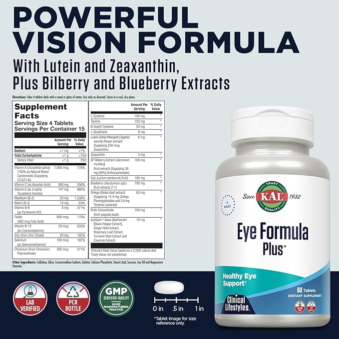 KAL Eye Formula Plus Eye Care and Vision Supplements for Adults with Eye Vitamins Lutein and Zeaxanthin Plus Bilberry Extract Goji and Blueberry Extract 60-Day Guarantee 15 Servings 60 Tablets