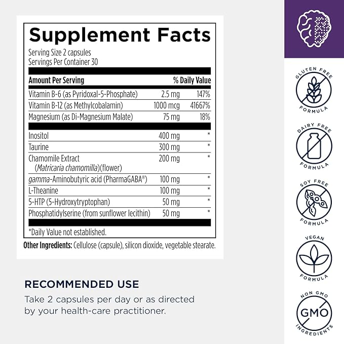 Designs for Health NeuroCalm - Supports Mood &amp Stress Relief with GABA Inositol L-Theanine 5HTP Vitamin B12 and B6 Taurine Chamomile Magnesium and PharmaGABA - Gluten Free Vegan (60 Capsu