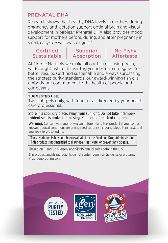 Nordic Naturals Prenatal DHA Unflavored - 830 mg Omega-3 + 400 IU Vitamin D3 - 90 Soft Gels - Supports Brain Development in Babies During Pregnancy &amp Lactation - Non-GMO - 45 Servings