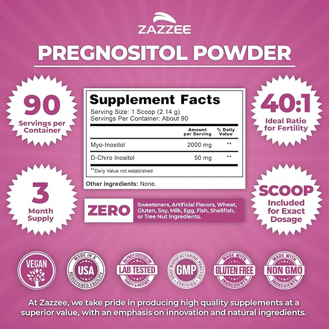 Zazzee PREGNOSITOL Powder 3 Month Supply Myo-Inositol and D-Chiro-Inositol 40:1 Fertility Blend Free Scoop for Exact Dosage Premium Balanced Formula 90 Servings Vegan All-Natural and Non-GMO