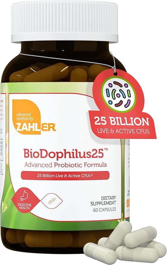 Zahler BioDophilus25 25 Billion CFU Probiotic + Prebiotic - 11 Strains Daily Probiotic Supplement - Kosher Probiotics for Women for Digestive Health Probiotics for Men for Gut Health (60 Capsules)