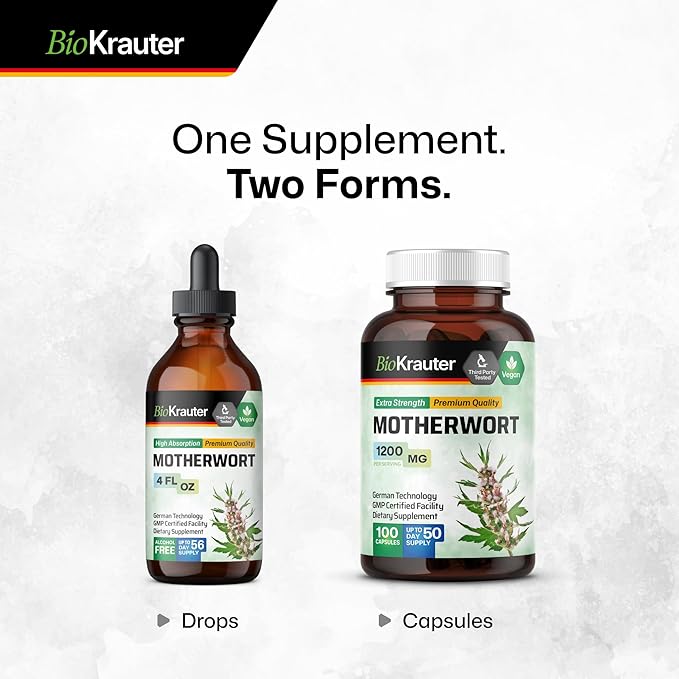 BIO KRAUTER® Perimenopause &amp Menopause Supplements for Women* - Vegan Motherwort Capsules 1200 mg/Serving 50-Day Supply for Natural Calm &amp Women's Wellness - No Fillers Non-GMO - 100 Calm Cap