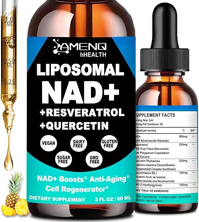 NAD Supplement Liposomal NAD Nicotinamide Riboside Resveratrol 900mg Quercetion TMG Vitamin B3 High Potency NAD Plus Liquid Supplement for Cell Regenerator Longevity Energy Anti-Aging Focus