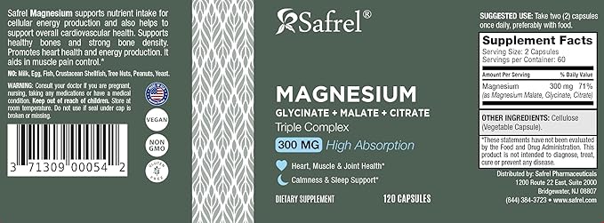 Safrel | Triple Magnesium Complex 300mg | Magnesium Glycinate Malate Citrate | Chelated High Absorption Formula | Vegan Non GMO Gluten Free | 120 Capsules