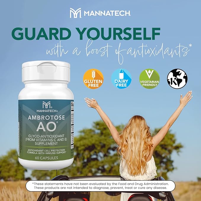 Mannatech Ambrotose AO 60 Capsules Loaded w/ Vitamin C and Vitamin E. Helps Body Against Free Radicals. Gluten-Free Dairy-Free &amp Vegetarian-Friendly Immune Support Supplement
