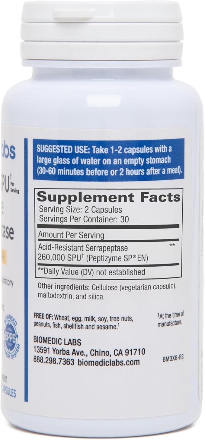 Serra-RX 260000 SU Serrapeptase -Acid-Resistant Proteolytic Systemic Enzyme Non-GMO Gluten Free Vegan Supports Sinus Immune &amp Lung Health 60 Veg Capsules