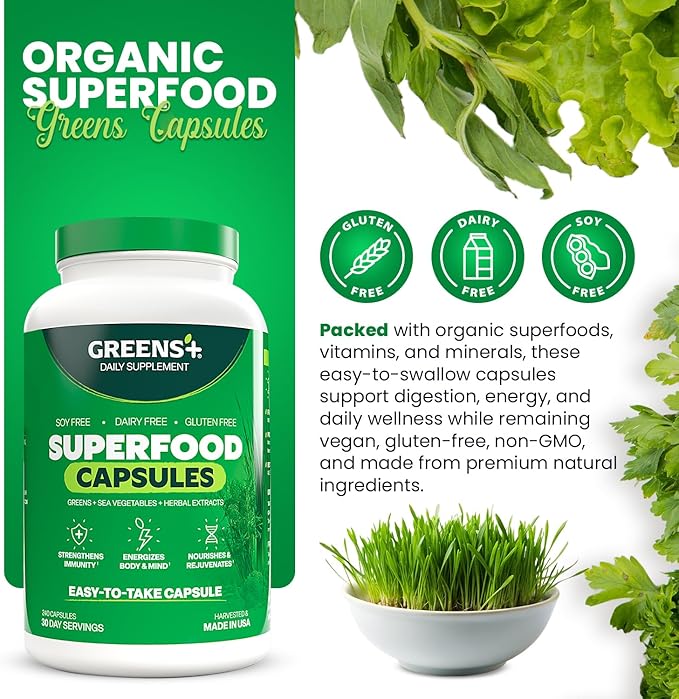Greens+ Organic Superfood Capsules Organic Spirulina and Chlorella with Alfalfa &amp Wheat Grass Vitamins &amp Minerals Supplements Gluten-Free Vegan Non-GMO 240 Count