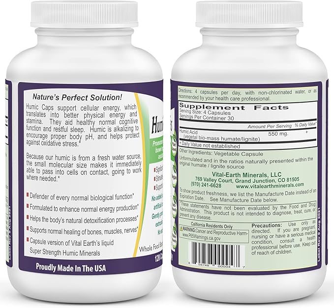 Vital Earth Minerals Humic Minerals Capsules - 70+ Trace Minerals with Naturally Occurring Fulvic Acid Alkalizing Mineral Supplement for Detox Gut Health Wellness 120 Count