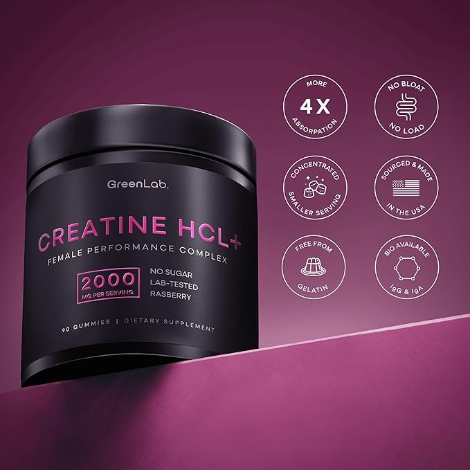 GreenLab Creatine HCL+ 2000mg Female Performance Complex – Sugar-Free Vegan Raspberry Flavor – Chewable Gummies for Women 90 Count