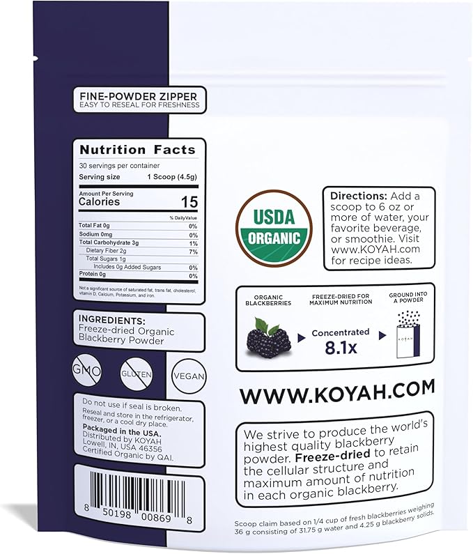 KOYAH - Organic BlackBerry Powder: 30 Servings (1 Scoop = 1/4 Cup Fresh): Freeze-Dried Whole-Berry Powder Raw