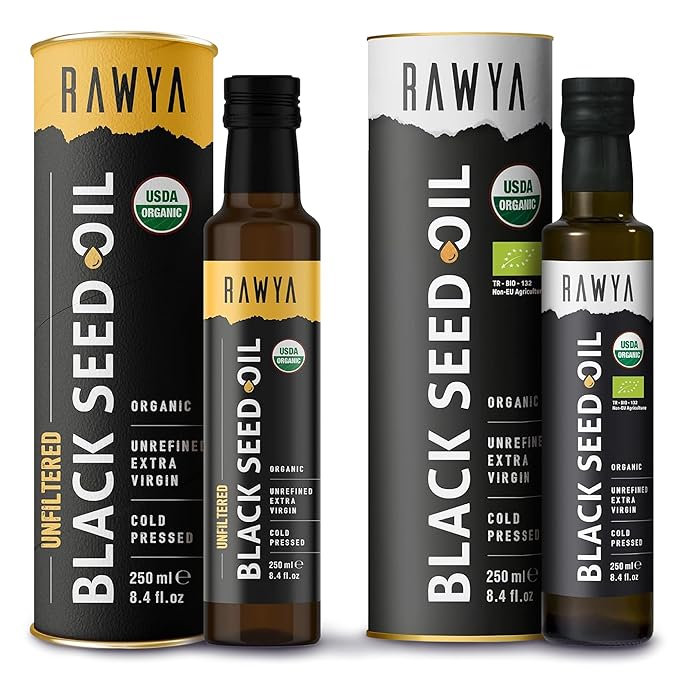 RAWYA Black Seed Oil | Extra Strong Taste With TQ Cold Pressed Nigella Sativa Non-GMO Glass Bottle + RAWYA Black Pit Oil - Unrefined Premium With TQ Cold Pressed Natural 8.4 Fl Oz