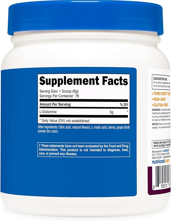 Nutricost L-Glutamine Powder Sweetened with Stevia (500 Grams BlackBerry Lemonade) - Supplement for Gut Support 5 Grams of L-Glutamine Per Serving Gluten Free and Non-GMO
