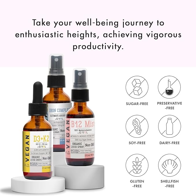 Energy &amp Vitality Bundle Liquid Vitamin Spray Trio - B12 Methylcobalamin Iron Bisglycinate and D3 (Lichen) &amp K2 (MK4 &amp MK7) Non-GMO Gluten Free Sugar-Free 2 Fl Oz (60 ml) 540 Days Su