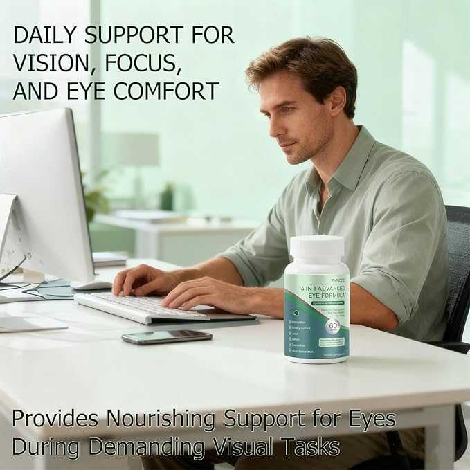 14-in-1 Advanced Eye Vitamin Supplement with Lutein Zeaxanthin Bilberry Extract &amp Zinc for Adults - Supports Vision Macula &amp Blue Light Protection - 60 Capsules (01)