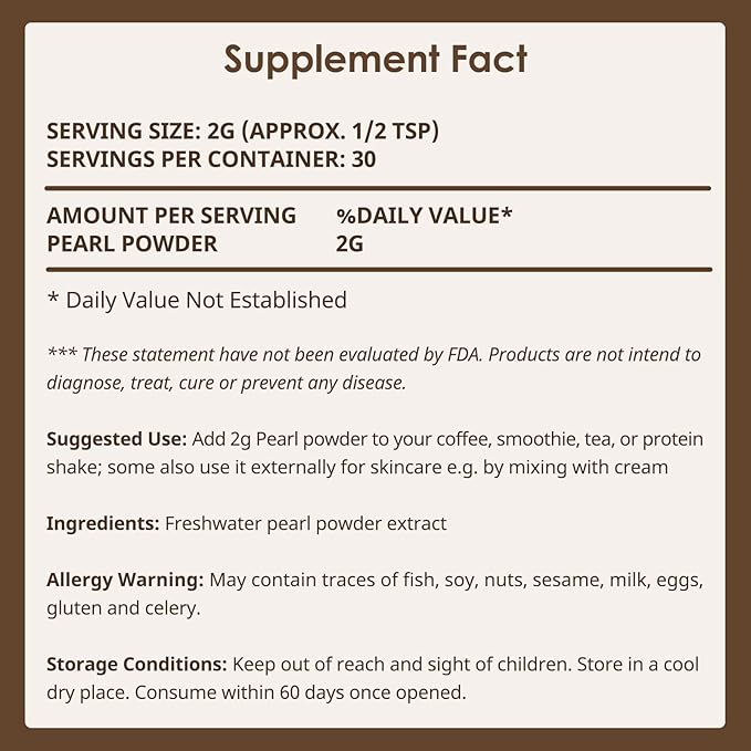 Pure Pearl Powder | 60 Grams |100% Natural Ingredients from Fresh Water | Non-GMO | Dietary Supplement with Calcium &amp Amino Acids (30 Servings)