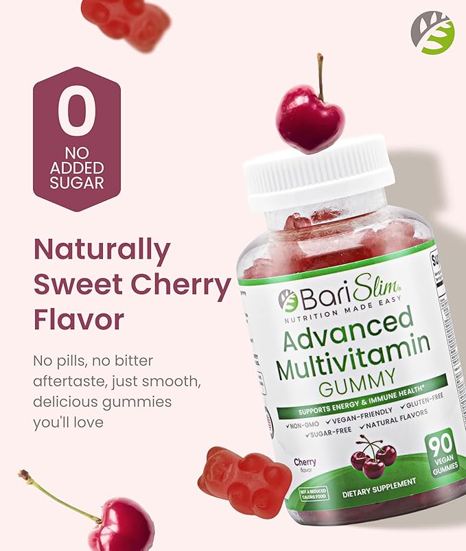 BariSlim Advanced Bariatric Multivitamin Gummies - Specially Formulated Bariatric Vitamins for Patients After Weight Loss Surgery - Supports Energy &amp Immune Health | Cherry (90 Vegan Gummies)