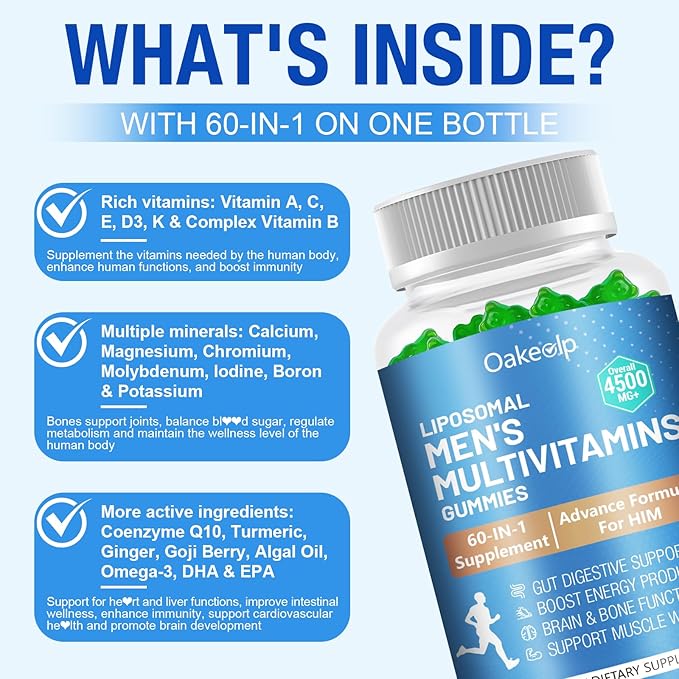 2 Pack 60-IN-1 Liposomal Methylated Multivitamin Gummy for Men Overall 4500MG+Vitamin A C D3 K E B Complex ProbioticsOmega 3CoQ10Zinc120+ Nutrientsfor ImmuneHeart and Digestive Wellness