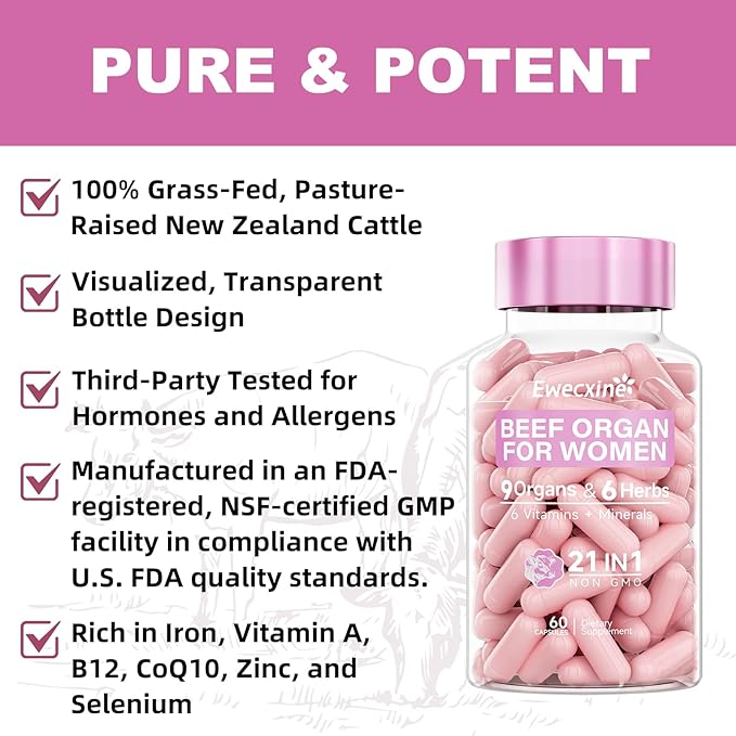 Beef Organ Supplement for Women | 9-Organ Formula with Herbal Support Liver Uterus Ovary Heart &amp Kidney for Feminine Balance &amp Energy | New Zealand Grass-Fed | 60 Capsules