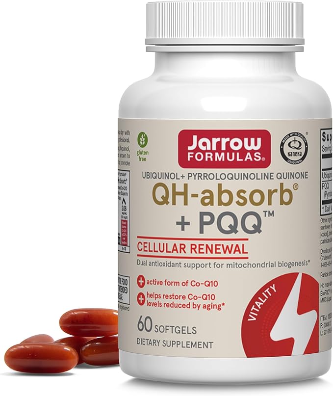 Jarrow Formulas® QH-Absorb® + PQQ Dietary Supplement Antioxidant Support for Mitochondrial Biogenesis Cellular Energy Production and Cardiovascular Health 60 Softgels 60 Day Supply