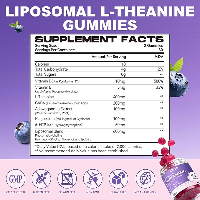 Liposomal L Theanine Gummies Chewable L-Theanine 400mg with GABA Supplement for Kids &amp Adults Stress Relief zzZ and Relaxation Focus Support Natural Blueberry Flavor 60 Count