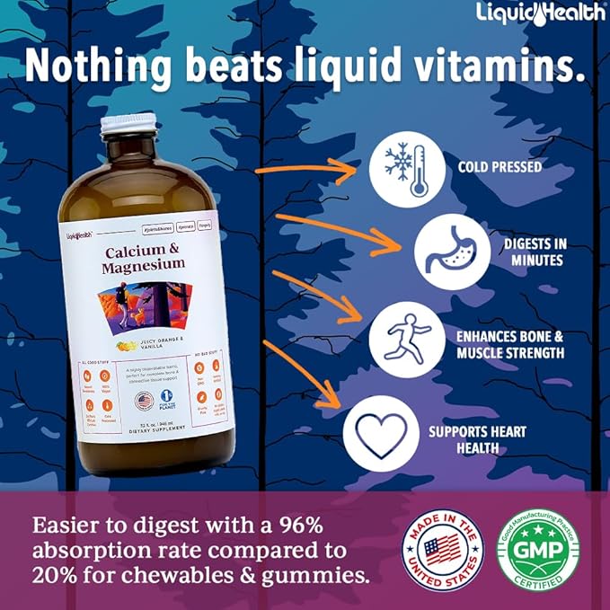 LIQUIDHEALTH Calcium &amp Magnesium Adult Liquid Vitamin Supplement - Bone Joint Muscle Connective Tissue Support Heart Health Essential Nutrients - Made in the USA Vegan Non GMO No Sugar (32