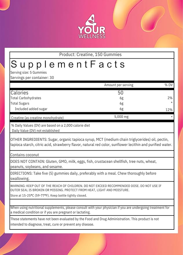 Creatine Monohydrate 5000mg Gummies - Vegan Strawberry Chewable Supplement for Women and Men Strength Endurance and Focus Support Travel-Friendly - 30 Day Supply 150 Count