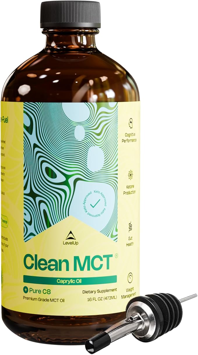 LevelUp C8 MCT Oil – 100% Pure Caprylic Acid (from Coconut) for Clean Energy &amp Focus – Keto-Friendly MCT Oil for Coffee – Non-GMO (Glass Bottle 16 oz)