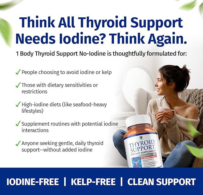 1 Body Thyroid Support Supplement for Women – Iodine Free Formula with Selenium Zinc &amp Ashwagandha – Supports Energy Metabolism &amp Hormone Balance – 60 Vegan Capsules